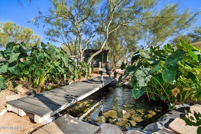 surrounding community featuring a garden pond