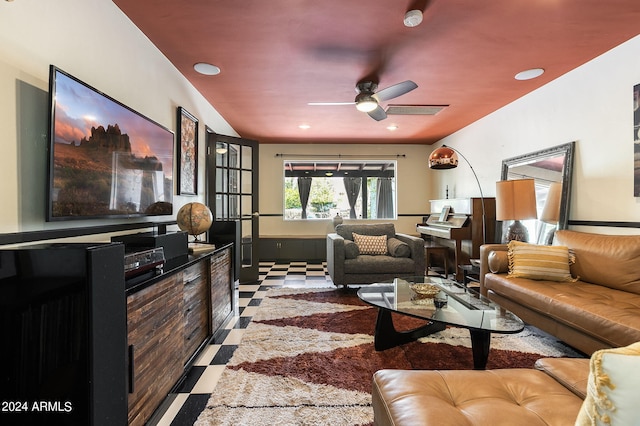 living room featuring ceiling fan