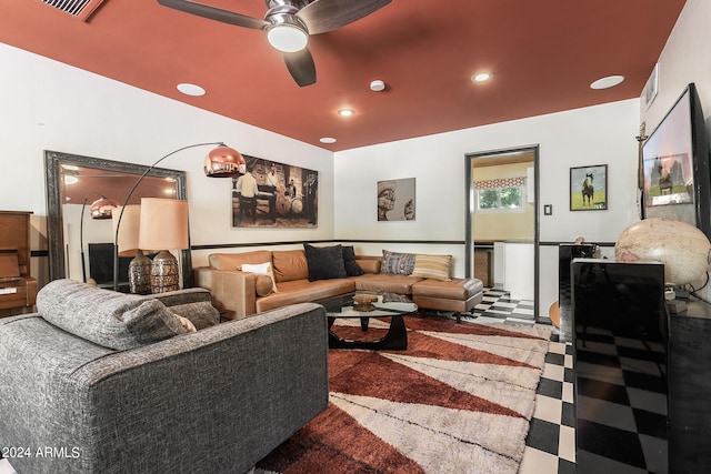 living room featuring ceiling fan