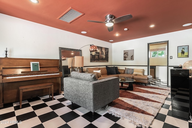 living room with ceiling fan