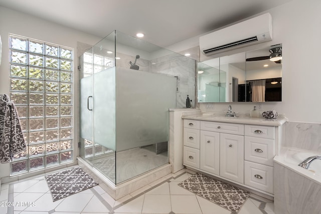 bathroom featuring tile patterned floors, vanity, a wall mounted air conditioner, ceiling fan, and plus walk in shower