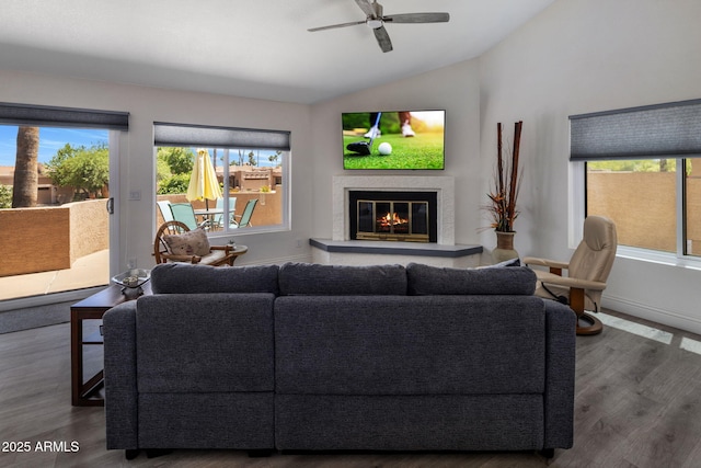 living area featuring vaulted ceiling, wood finished floors, a ceiling fan, a glass covered fireplace, and plenty of natural light