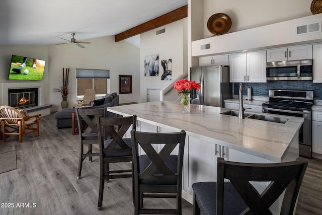 kitchen with stainless steel appliances, a ceiling fan, wood finished floors, light stone countertops, and a glass covered fireplace