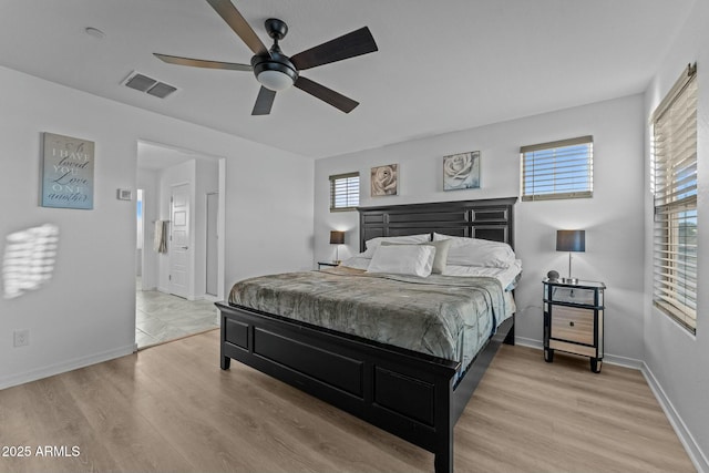 bedroom with ceiling fan, light wood-type flooring, and multiple windows