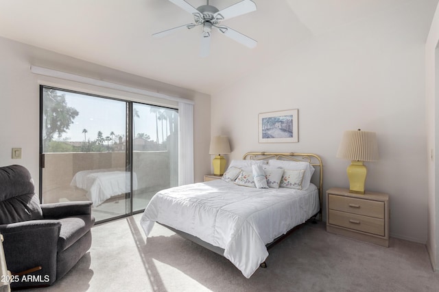 carpeted bedroom featuring ceiling fan, access to exterior, and vaulted ceiling