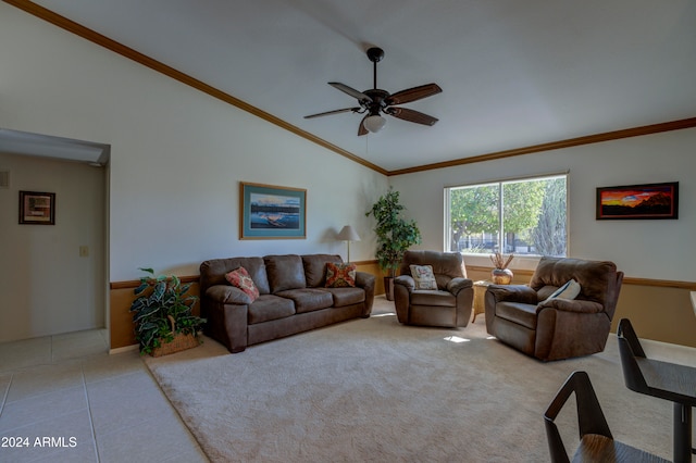 living room with ceiling fan, light tile patterned floors, crown molding, and high vaulted ceiling