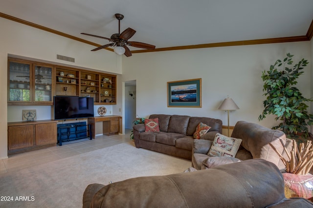 living room with ceiling fan, light tile patterned flooring, and crown molding