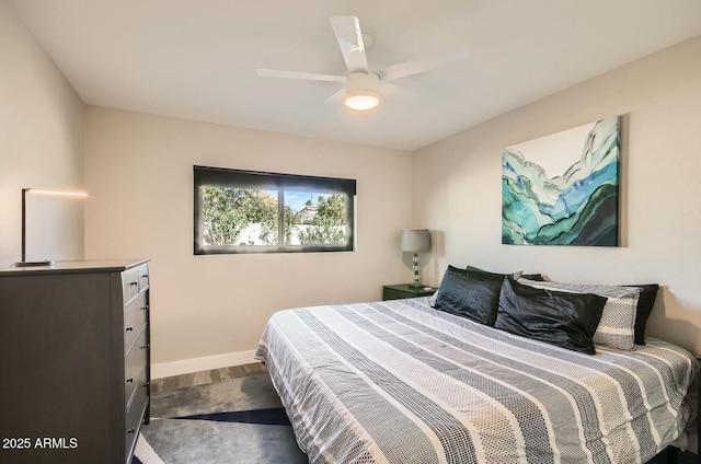 bedroom with ceiling fan and wood-type flooring