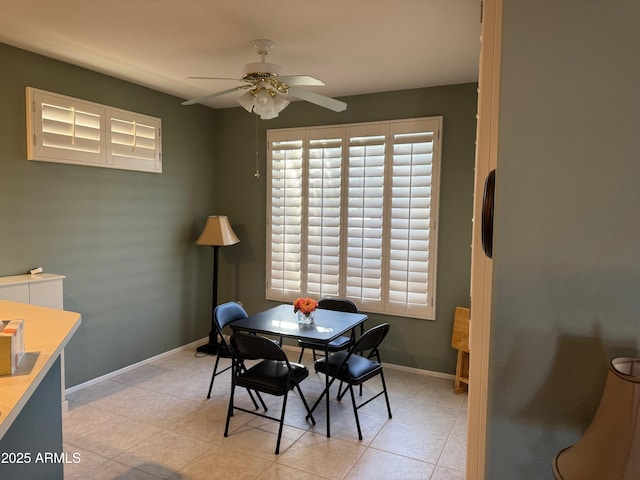 dining room with baseboards and a ceiling fan