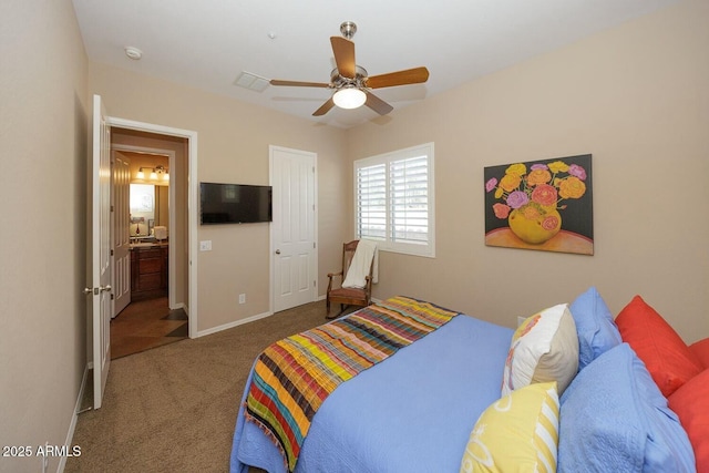 carpeted bedroom featuring ceiling fan