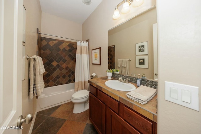 full bathroom with shower / tub combo, vanity, and toilet