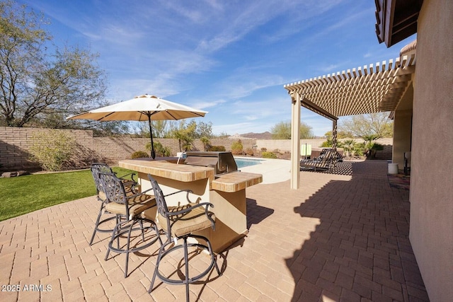 view of patio / terrace featuring a pergola and an outdoor bar