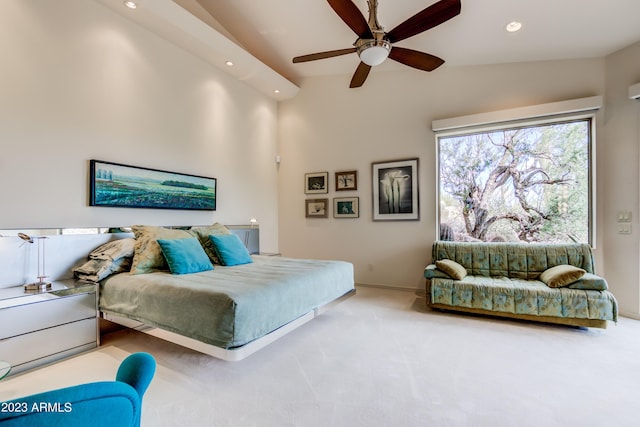 carpeted bedroom featuring ceiling fan and lofted ceiling