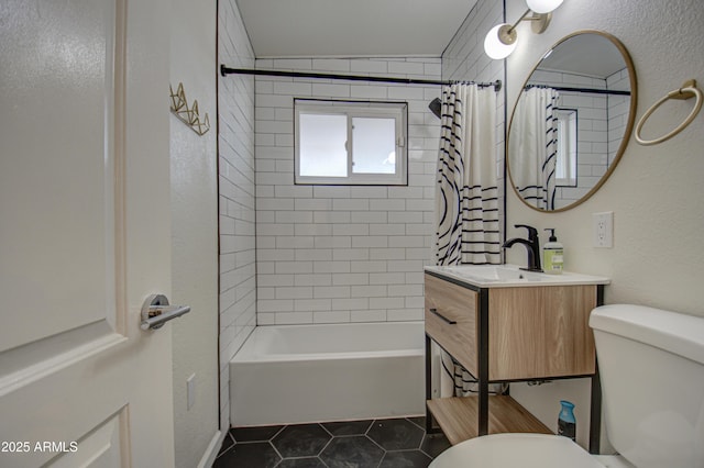 full bathroom with shower / bathtub combination with curtain, tile patterned flooring, vanity, and toilet