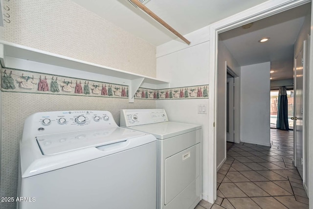16828 W Windermere Way, Surprise, AZ 85374 - laundry room featuring independent washer and dryer, light tile patterned floors, and recessed lighting