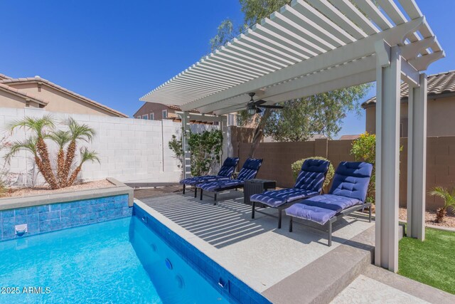 12035 S 186th Ave, Goodyear, AZ 85338 - view of pool with a pergola, a ceiling fan, a fenced backyard, and a patio area
