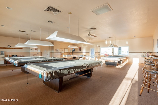 game room featuring billiards, carpet, and ceiling fan