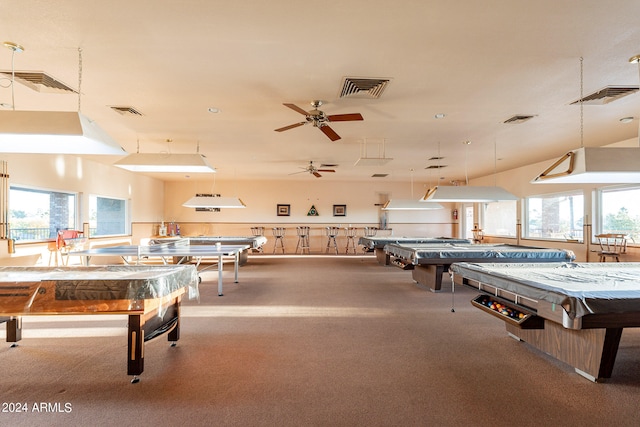 rec room with billiards, carpet, and ceiling fan