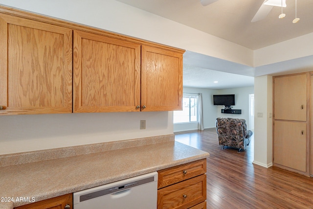 kitchen with ceiling fan, dishwasher, and dark hardwood / wood-style floors