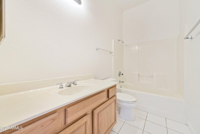 bathroom featuring tile patterned flooring, toilet, shower / bathtub combination, and vanity