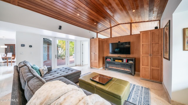 living room with wooden ceiling and lofted ceiling