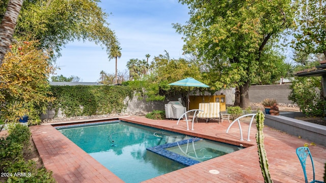 view of swimming pool with an in ground hot tub