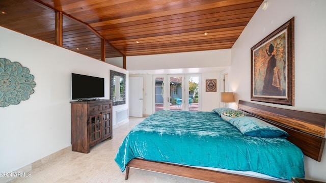 bedroom featuring french doors, wood ceiling, and vaulted ceiling