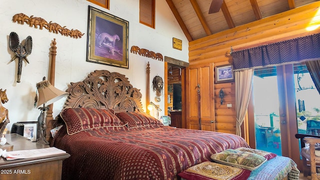 bedroom featuring rustic walls, wood ceiling, high vaulted ceiling, and beamed ceiling