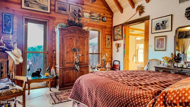 bedroom featuring multiple windows, wood ceiling, and vaulted ceiling with beams