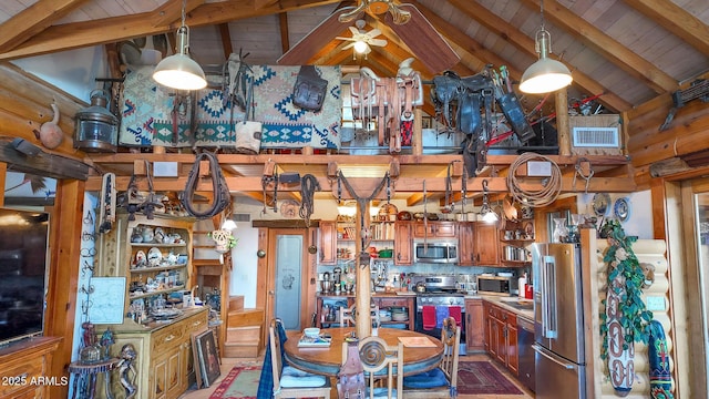 dining room with ceiling fan, wood ceiling, and lofted ceiling with beams