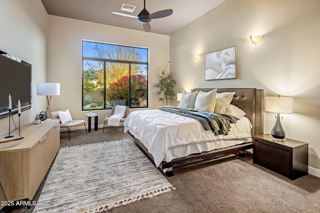 bedroom featuring carpet flooring and ceiling fan