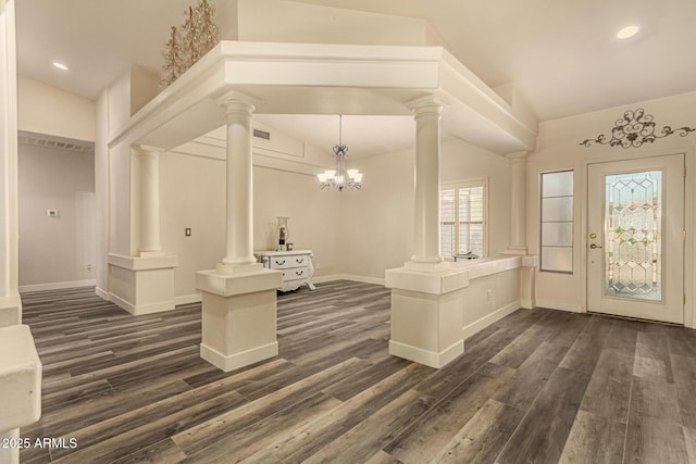 13609 W Vermont Ave, Litchfield Park, AZ 85340 - foyer featuring ornate columns, recessed lighting, baseboards, and dark wood finished floors