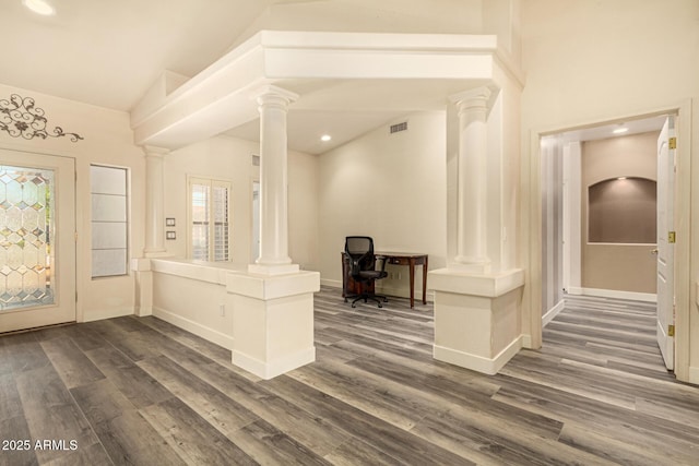 13609 W Vermont Ave, Litchfield Park, AZ 85340 - entrance foyer with high vaulted ceiling, visible vents, ornate columns, recessed lighting, and dark wood finished floors