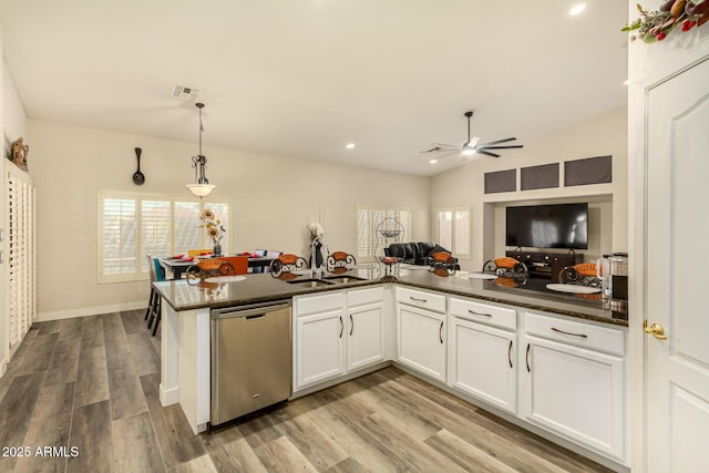 13609 W Vermont Ave, Litchfield Park, AZ 85340 - kitchen featuring white cabinetry, stainless steel dishwasher, a sink, light wood-style floors, and a ceiling fan