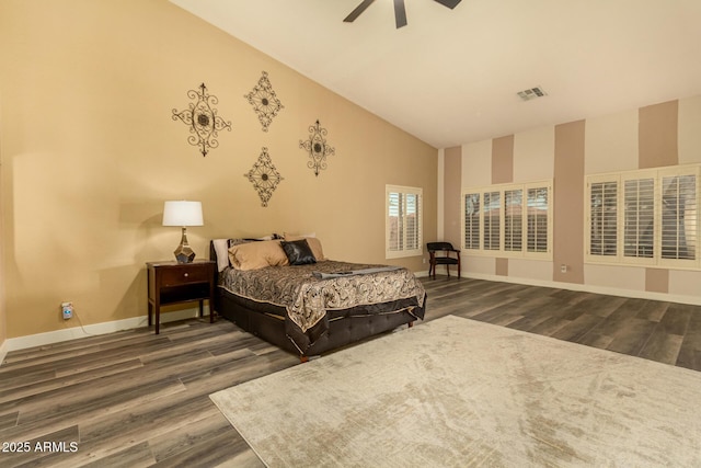 13609 W Vermont Ave, Litchfield Park, AZ 85340 - bedroom featuring high vaulted ceiling, baseboards, visible vents, a ceiling fan, and wood finished floors
