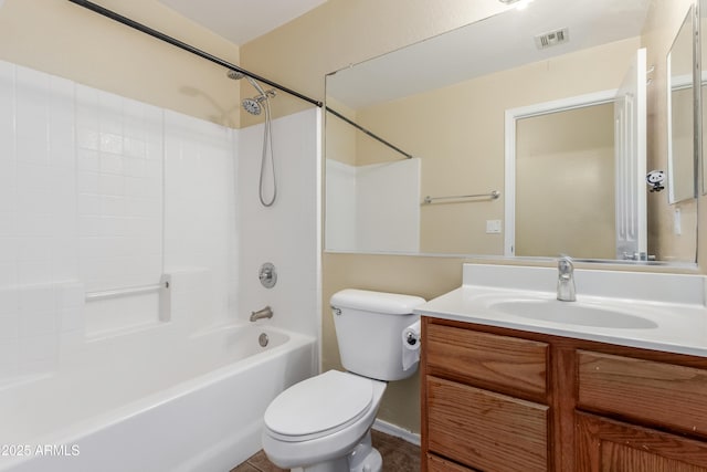 full bathroom with bathtub / shower combination, vanity, and toilet