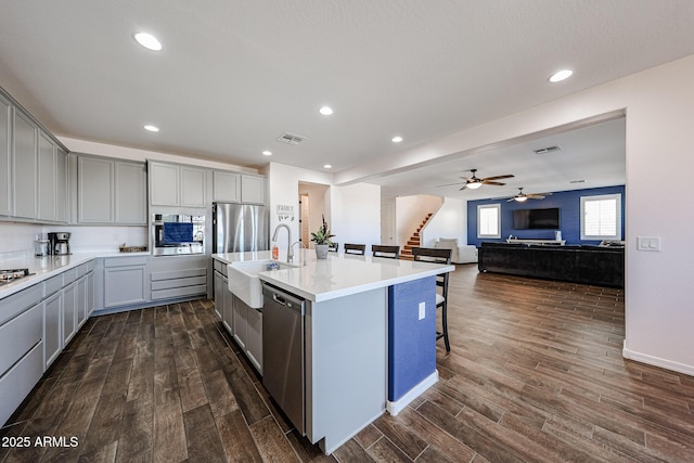 25051 N 140th Dr, Surprise, AZ 85387 - kitchen featuring a sink, appliances with stainless steel finishes, gray cabinets, dark wood finished floors, and open floor plan