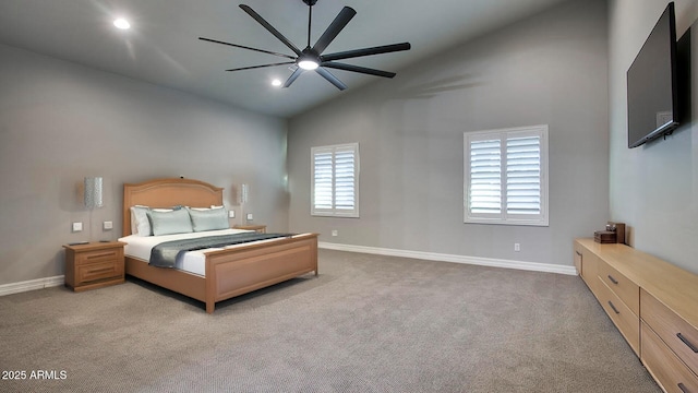 bedroom featuring baseboards, a ceiling fan, light colored carpet, vaulted ceiling, and recessed lighting