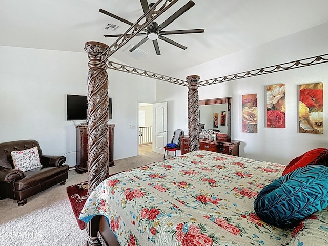 1350 E Racine Dr, Casa Grande, AZ 85122 - bedroom featuring carpet flooring, visible vents, vaulted ceiling, and ceiling fan