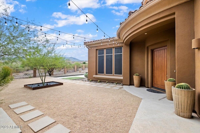 view of patio with a mountain view