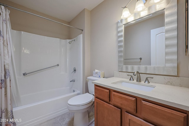 full bathroom featuring tile patterned floors, shower / tub combo with curtain, vanity, and toilet