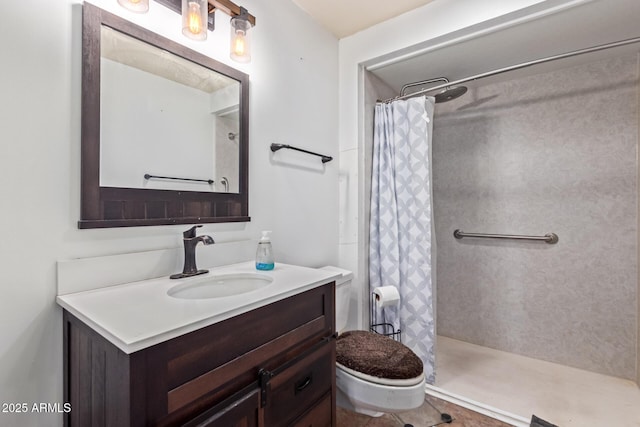 full bath featuring toilet, a shower with shower curtain, and vanity