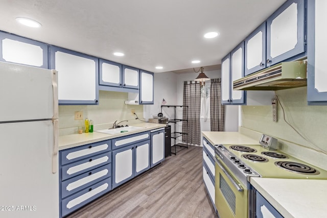 kitchen with electric range, dishwasher, freestanding refrigerator, light countertops, and under cabinet range hood