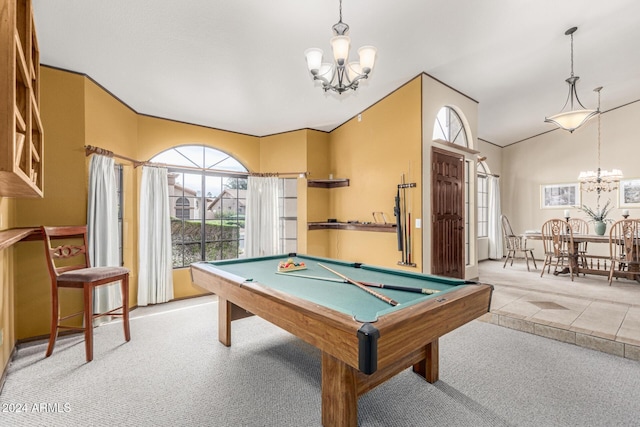 rec room featuring pool table, an inviting chandelier, and light carpet