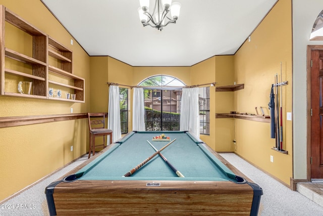 game room featuring pool table, an inviting chandelier, and carpet