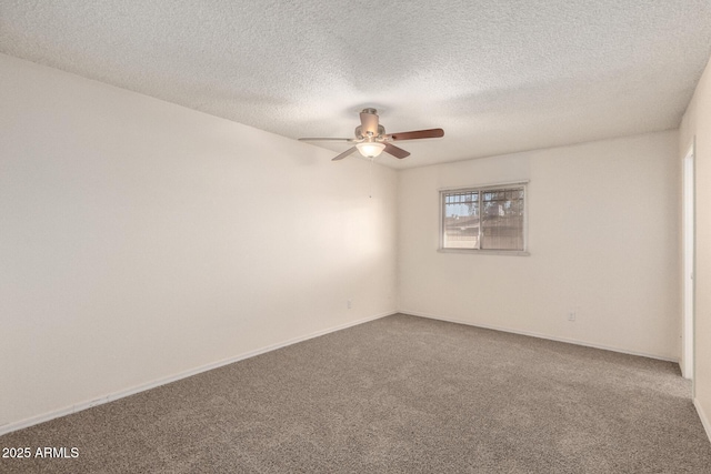 unfurnished room featuring carpet floors, a textured ceiling, and a ceiling fan