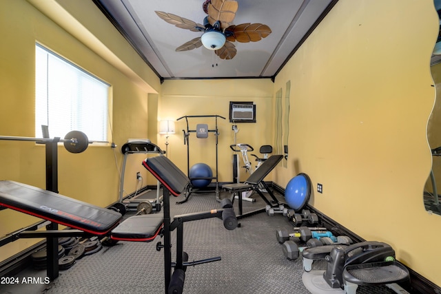 workout room with ceiling fan, ornamental molding, and a wall unit AC