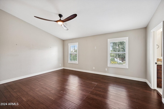 5544 E Paradise Ln, Scottsdale, AZ 85254 - unfurnished room featuring ceiling fan, lofted ceiling, and dark wood-style floors