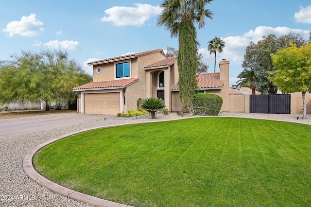 5544 E Paradise Ln, Scottsdale, AZ 85254 - mediterranean / spanish-style home with driveway, a tiled roof, an attached garage, a gate, and stucco siding