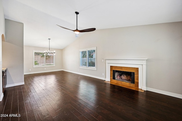 5544 E Paradise Ln, Scottsdale, AZ 85254 - unfurnished living room featuring healthy amount of natural light, a fireplace with flush hearth, a ceiling fan, dark wood-style floors, and lofted ceiling